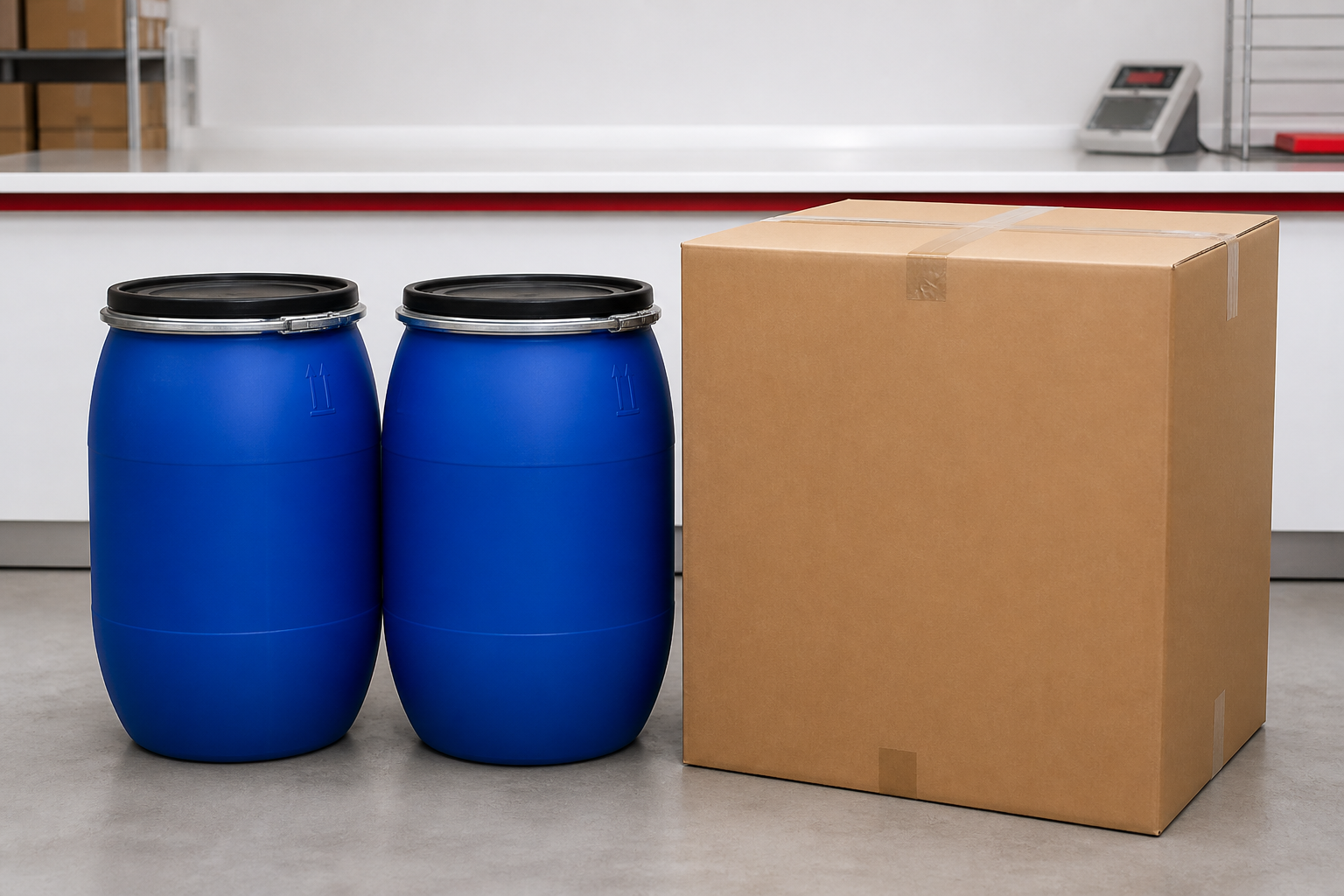 Tanques azules y caja para envío a República Dominicana